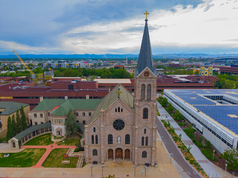 St Elizabeth of Hungary Church aerial view at 1060 St Francis Way in downtown Denver, Colorado CO, USA. 