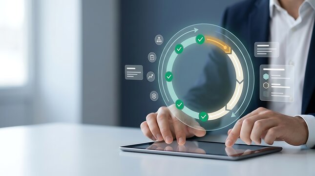Continuous integration process circle on virtual dashboard over tablet representing digital business analytics strategy