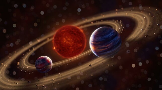 A bizarre exoplanet system unfolds around a dim brown dwarf, with two colorful planets on tilted orbits, faint dusty rings, and a starfield backdrop, visualizing orbital resonance, gravitational