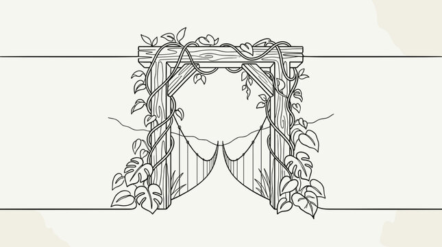 Monoline illustration of a decorative archway with lush vines and leaves for elegant design projects