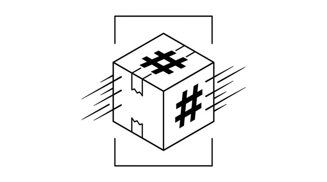 Minimalist line art illustration of a moving box with hashtags perfect for modern design projects