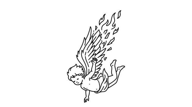 Whimsical minimalist vector illustration of a cherub with fiery wings floating in mid air perfect for creative projects