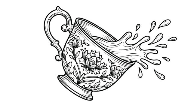 Intricate black and white vector illustration of a floral teacup with water splashing out perfect for vintage design projects