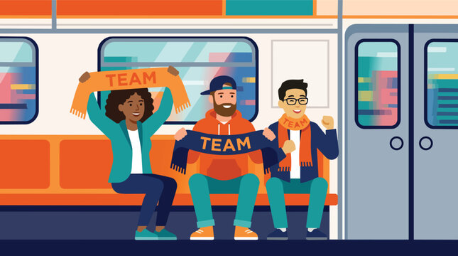 Sports fans commuting in subway train flat design vector for tournament promotional advertising
