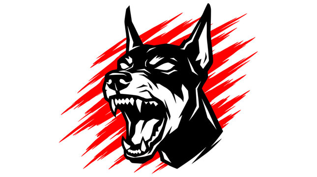 Fierce doberman pinscher dog head with exposed teeth and red background illustrating protection and loyalty in a bold artistic style