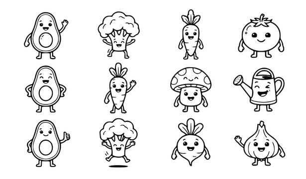 Cute kawaii healthy vegetable character vector set with funny cartoon avocado broccoli carrot tomato mushroom and sweet farm garden line art for kids