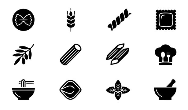 Modern abstract italian pasta symbol vector clipart set with minimalist clean outline gastronomy brand farfalle penne monogram and fusilli logo graphics black and white
