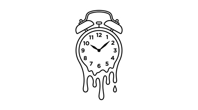 Melting alarm clock in minimalist line art style illustrates the concept of time and its fluidity in a contemporary graphic design