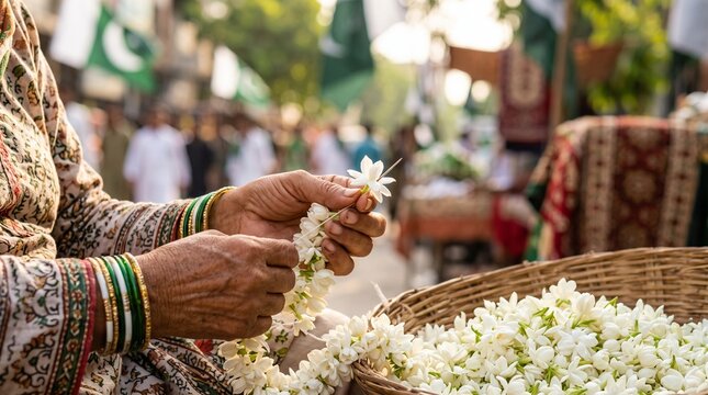 Woman hands threading fresh white jasmine flowers garland for Pakistan independence day celebration street market
