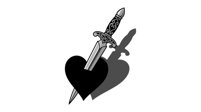 Vector illustration of a decorative dagger piercing a black heart with shadow effects for creative designs