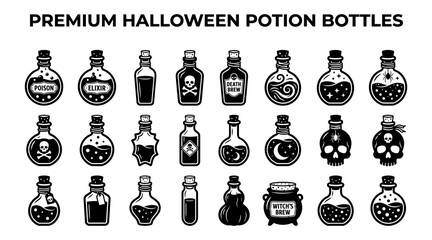 Halloween potion bottles poison elixir and magic for spooky decor © MDDILOWAR