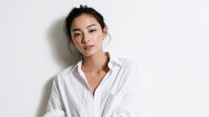 Fototapeta premium Serene Portrait: A young woman with a graceful bun and expressive eyes, wearing a crisp white button-down shirt, exudes natural beauty and calm confidence against a plain backdrop.