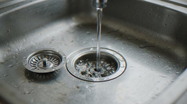 Close up of a kitchen stainless steel sink with a stream of water running down into the drain.