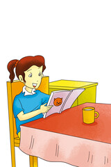 A Girl Reads a Picture Book with a Cat on the Cover at the Table
