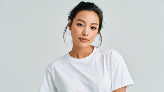 Asian Woman Portrait: A serene Asian woman with her hair pulled back, wearing a simple white t-shirt, gazes confidently into the camera, embodying natural beauty and understated elegance.