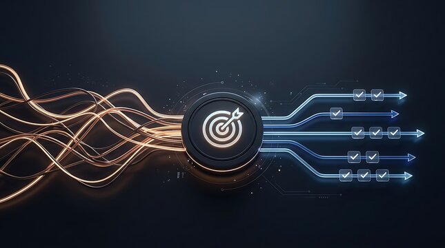 Workflow optimization visual metaphor showing chaotic input transforming into structured output arrows through central target hub