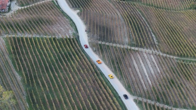 Aerial view of sports cars driving along a winding road through the Langhe vineyards in Monforte d'Alba, Piedmont, Italy.