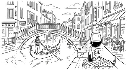 Venice Canal Scene with Gondola, Bridge and Cafe - Sketch Style © Erlin