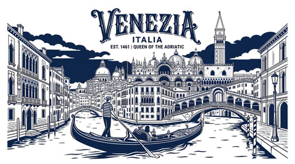 Venezia Italia: Gondola on Canal with Rialto Bridge and St. Mark's Basilica © Erlin