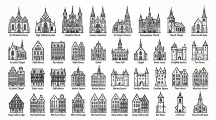 Obraz premium Collection of European Architectural Styles: Churches, Castles, and Houses