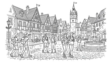 European Town Square Illustration with Tourists and Historic Buildings © Erlin