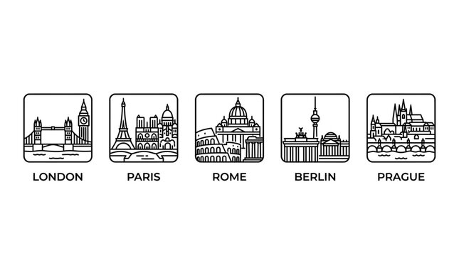 European City Skylines: London, Paris, Rome, Berlin, Prague Line Art Icons