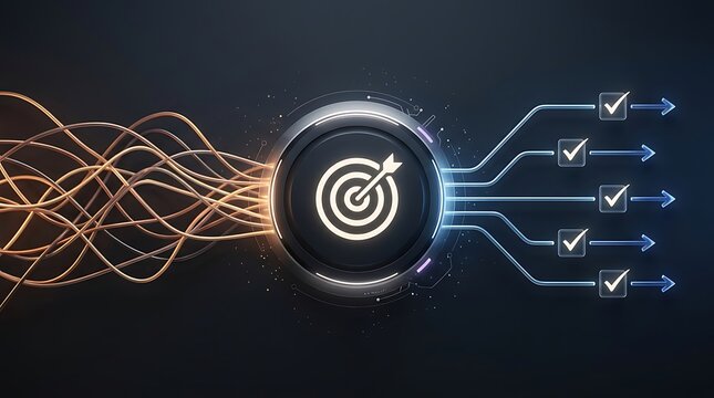 Simplifying complexity business concept showing tangled wires transforming into focused digital arrows hitting central target