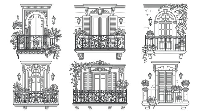 Ornate Balcony Designs Vector Set: Vintage Architecture, Elegant Facades, Romantic Windows