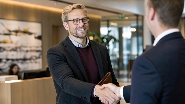 Generative AI, Two businessmen shaking hands during a professional greeting in an office lobby