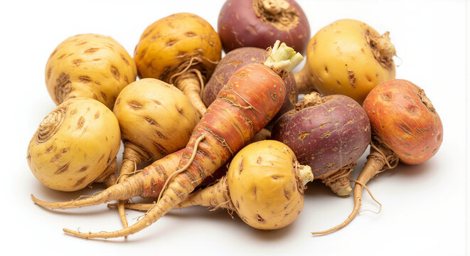 Fresh oca tubers in various colors a type of Andean root vegetable on display for market sale or culinary use.