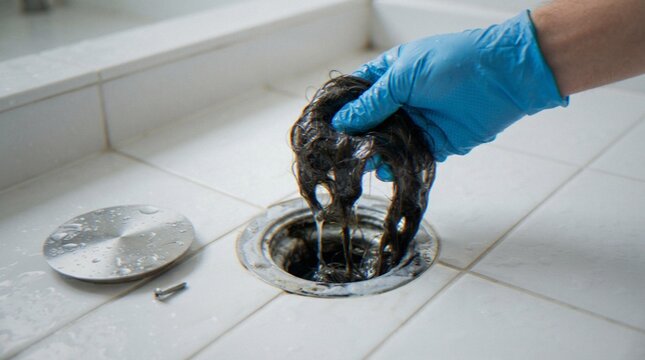 A close-up shot of a person wearing a blue protective glove removing a large clump of matted hair from a bathroom sink drain.