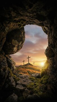 View from Rocky Cave to Three Crosses on Hill at Sunset Seamless Loop