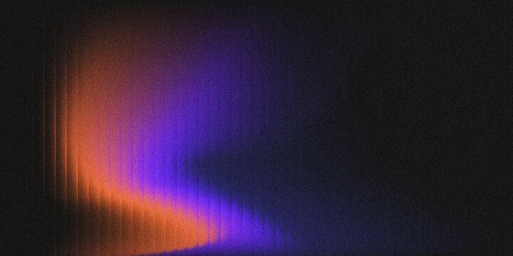 Dark black textured abstract backdrop featuring smooth orange to purple vertical gradient light curves, grainy film noise texture.