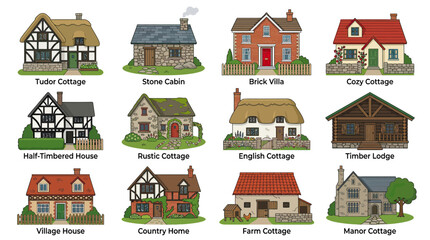 Fototapeta premium Collection of English Cottages and Houses: Tudor, Stone, Brick, Cozy, Rustic, Manor