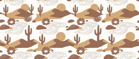 Fototapeta premium Boho Desert Landscape Pattern with Cactus and Dunes