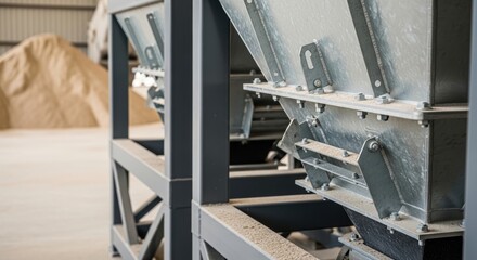 Naklejka premium Metal grain storage hopper with dispenser and supporting steel frame structure