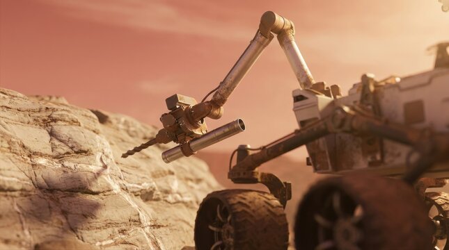 A Mars rover extends its robotic arm toward a layered mudstone outcrop, with dust-coated wheels, a drill head, sample tube, and spectrometer lens aimed at pale mineral veins under a salmon-red sky.