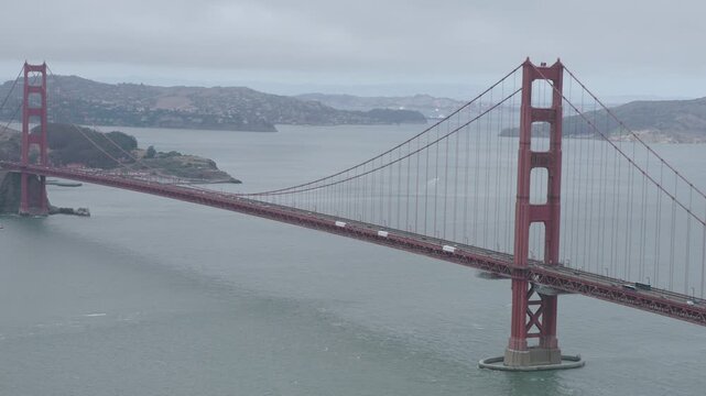 Golden Gate Bridge Both Towers Full Span Aerial Overcast Day Traffic