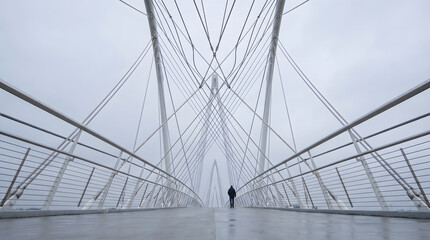 Fototapeta premium Lonely person walking on a modern suspension footbridge on a foggy day
