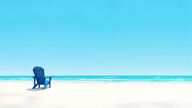 blue Adirondack chairs on a beach with sand dunes facing the ocean at sunset. Summer scenic landscape. copy space for text.