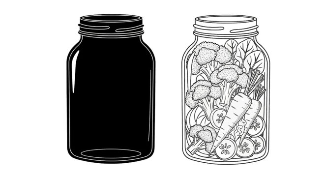 Minimal black silhouette icon, simple flat vector, bold black shape, no gradients, no shading set of two glass jars, one empty and one filled with fresh vegetables on a, flat icon style