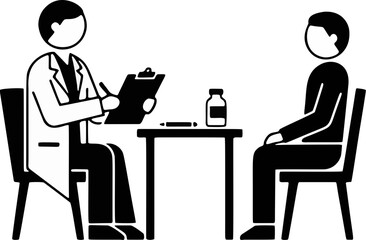 Fototapeta premium A doctor in a lab coat consults with a patient, taking notes on a clipboard at a table with a medicine bottle, presented in a clean, illustrative style.