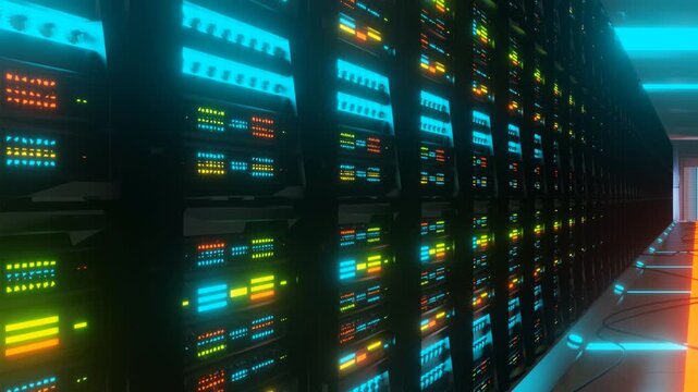 Modern Data Center Server Rack with High Speed Network Connections
