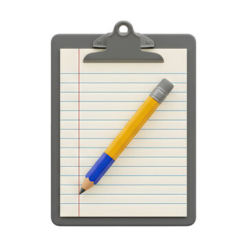 3D render of a clipboard with a pencil on lined paper