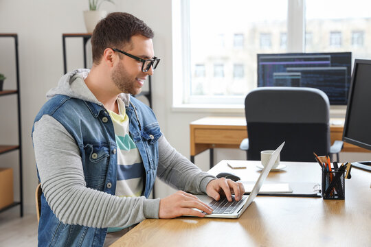 Portrait of male programmer working with laptop in office