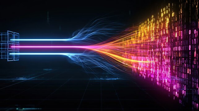 Data processing graphic with three colored horizontal data flows blue pink yellow-orange from left squares turning into glowing swirling light beams, bright colored binary digit vertical cascades