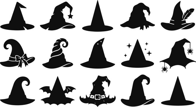 Black silhouette witch hats for halloween decor and design