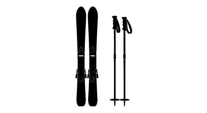 Minimal black silhouette icon, simple flat vector, bold black shape, no gradients, no shading silhouette of a pair of skis and ski poles on a, flat icon style