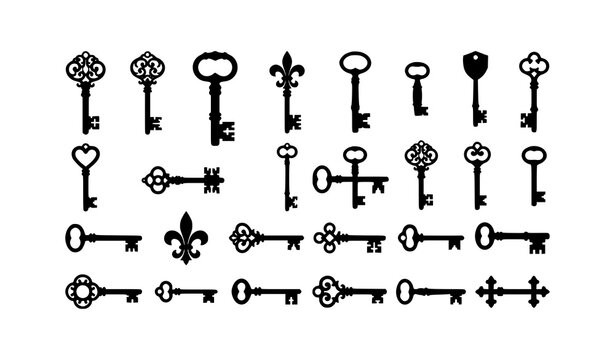 Vintage Door Key Silhouette Vector Set Antique Black Key Icons Isolated on White Background