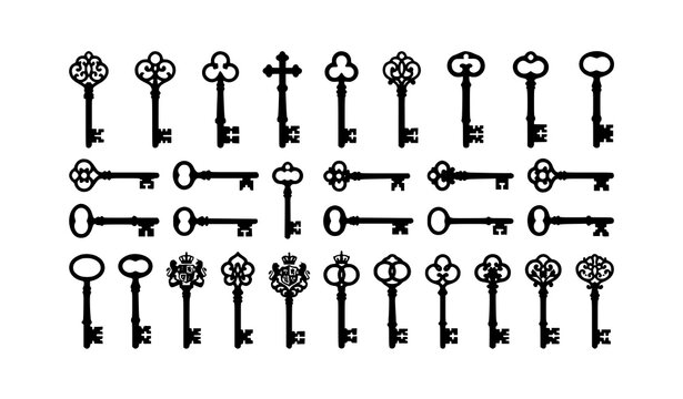 Classic Antique Door Keys Black Silhouette Vector Pack Vintage Key Collection